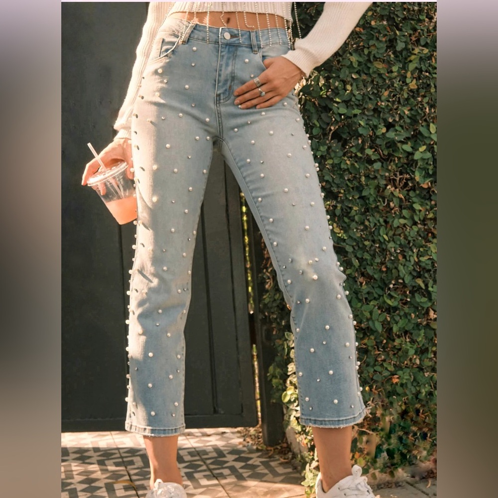 NEW blue b Light Wash Rhinestone & Pearl High Waist Stretchy Comfy Denim Jeans